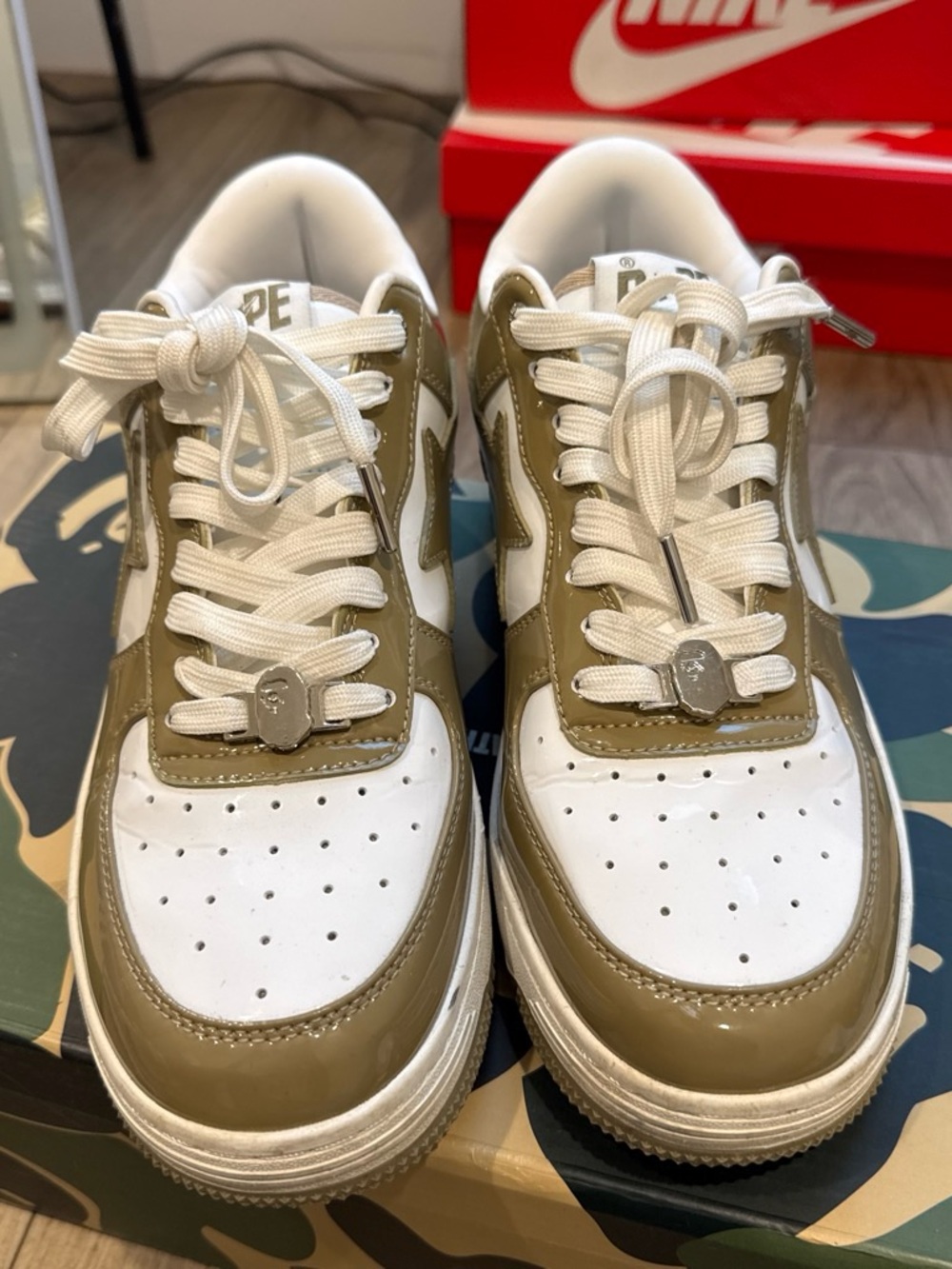 Bape Low-Top Sneakers in White and Olive Patent